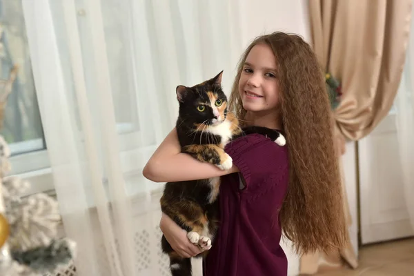 Enfant Brunette Fille Avec Chat Dans Ses Bras Noël — Photo