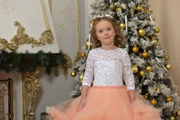 Красивая Молодая Девушка Красивом Бальном Платье Рождественских Интерьерах — стоковое фото