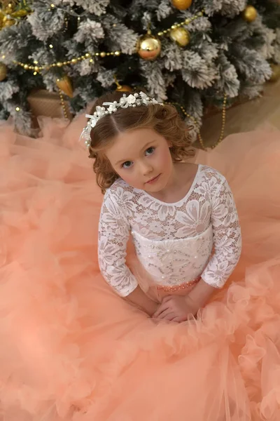 Beautiful Young Girl Beautiful Ball Gown Christmas Interiors — Stock Photo, Image