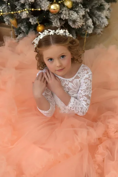 桃色のドレスで茶色の髪の美しい少女 — ストック写真