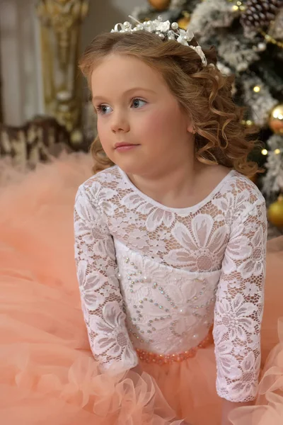 Hermosa Princesa Joven Magnífico Vestido Con Una Falda Melocotón Navidad —  Fotos de Stock