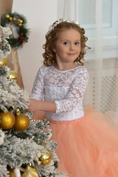 Schöne Junge Prinzessin Einem Herrlichen Kleid Mit Einem Pfirsichrock Weihnachten — Stockfoto