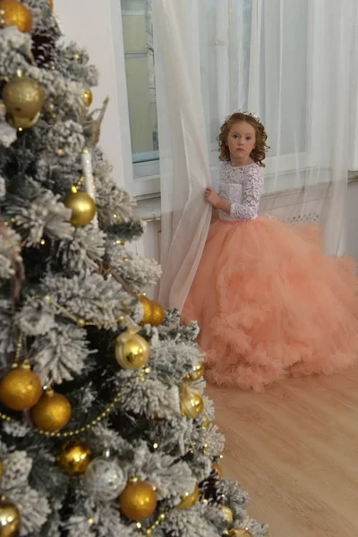 Schöne Junge Mädchen Einem Schönen Ballkleid Weihnachtlichen Interieurs — Stockfoto