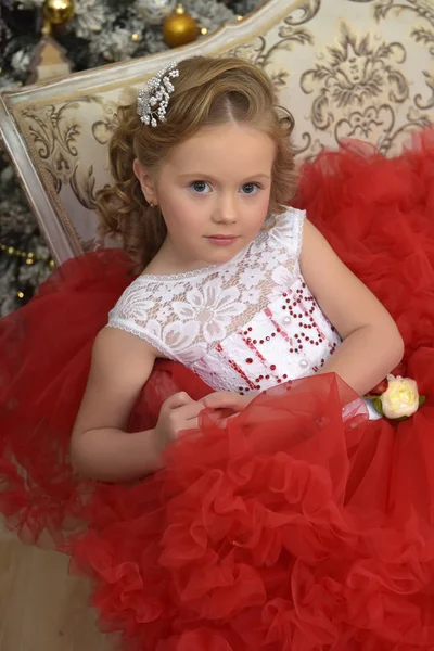 部屋の白いドレスと赤の美しい少女 — ストック写真