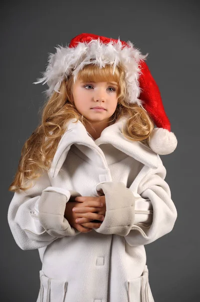 Portrait Blonde Girl Christmas Hat Feathers Portrait — Stock Photo, Image