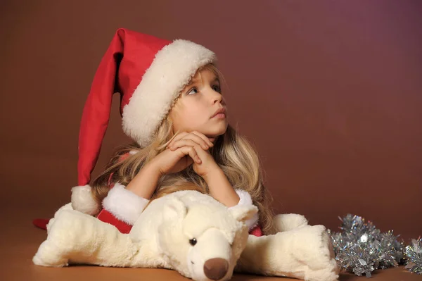 Retrato Hermoso Niño Rubio Sombrero Navidad — Foto de Stock