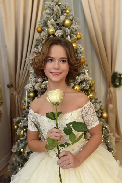 Menina Bonita Vestido Branco Com Rosa Branca Nas Mãos Natal — Fotografia de Stock