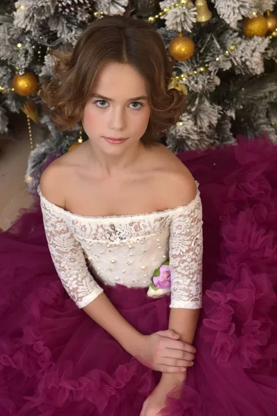 Krásná Bruneta Dívka Sedící Šaty Nadýchanou Sukní Vánoční Stromeček Vánoce — Stock fotografie