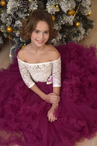 美丽的黑发女孩坐在礼服与蓬松的裙子在圣诞树旁边在圣诞节 — 图库照片