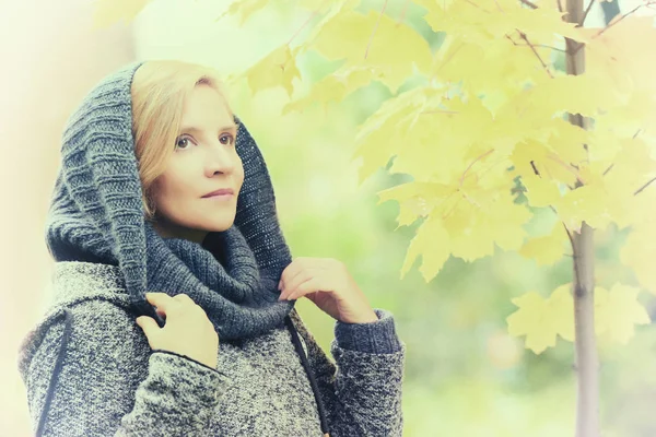 Woman Gray Coat Hood Fall — Stock Photo, Image