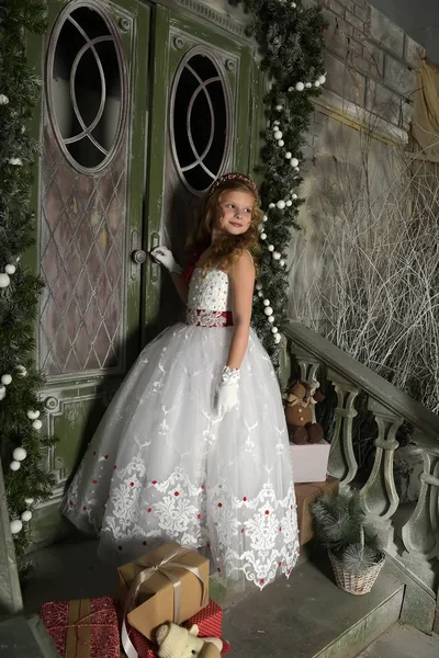 Girl Beautiful White Festive Dress Christmas — Stock Photo, Image