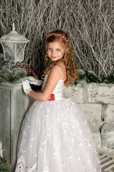 Girl Beautiful White Festive Dress Christmas — Stock Photo, Image