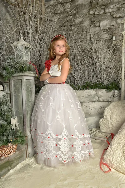 Fille Dans Une Belle Robe Fête Blanche Noël — Photo