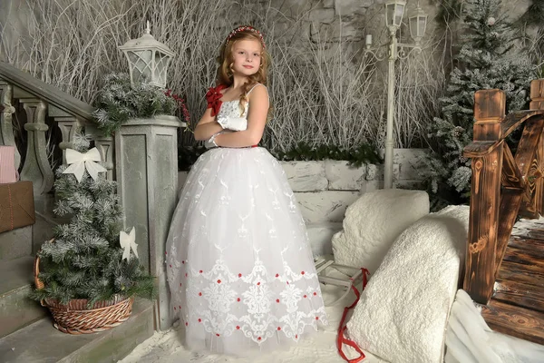 Elbiseli Kız Güzel Beyaz Neşeli Noel — Stok fotoğraf