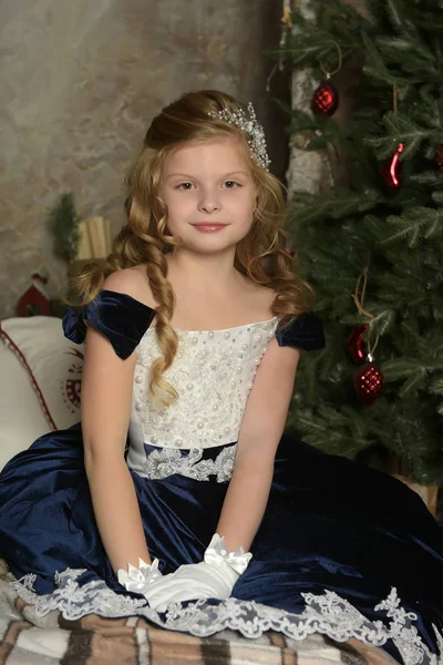 女孩在一个美丽的蓝色天鹅绒礼服坐在圣诞节 — 图库照片