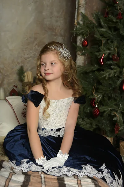 Fille Dans Une Belle Robe Velours Bleu Siège Noël — Photo