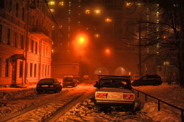 Russia Petersburg 2012 Cars Parked Street Light Lantern Winter — Stock Photo, Image