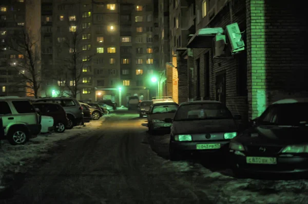 Russia Petersburg 2012 Winter Season Cars Parked Street Light Lantern — Stock Photo, Image