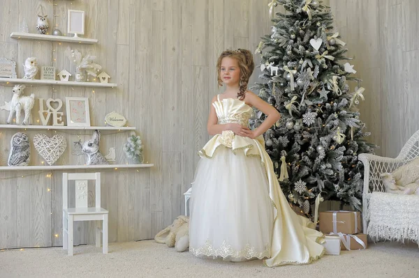 Księżniczka Zimowy Białej Sukni Choince — Zdjęcie stockowe