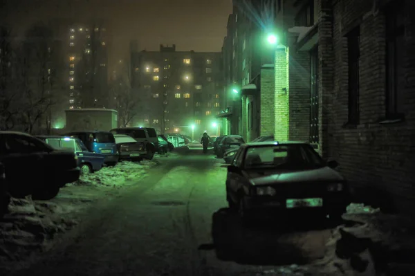 Russia Petersburg 2012 Winter Season Cars Parked Street Light Lantern — Stock Photo, Image