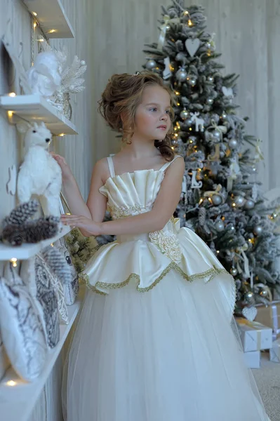 Princesse Hiver Robe Blanche Sapin Noël — Photo