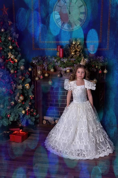 Portrait Little Girl Princess Crown White Dress Christmas — Stock Photo, Image