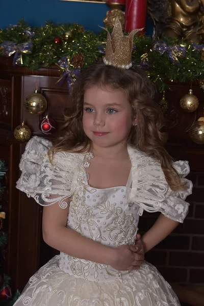 Portrait Little Girl Princess Crown White Dress Christmas — Stock Photo, Image