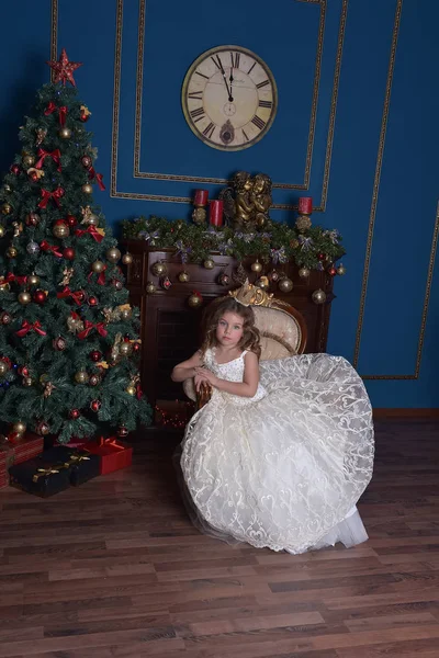 Портрет Маленькой Девочки Принцессы Короне Белом Платье Рождество — стоковое фото