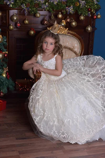 Retrato Una Niña Princesa Una Corona Vestido Blanco Navidad — Foto de Stock
