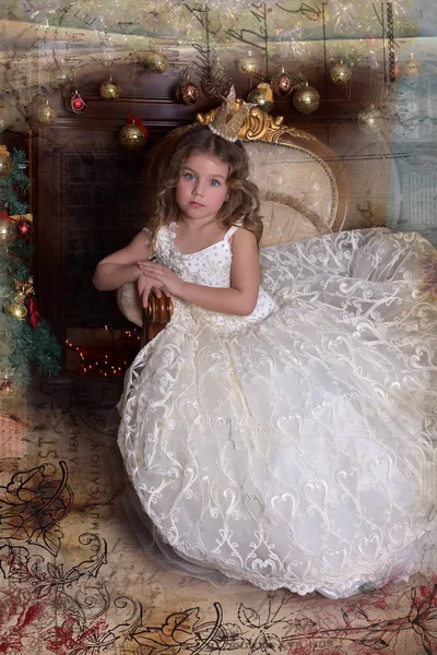 Portret Van Een Prinsesje Meisje Een Kroon Een Witte Jurk — Stockfoto
