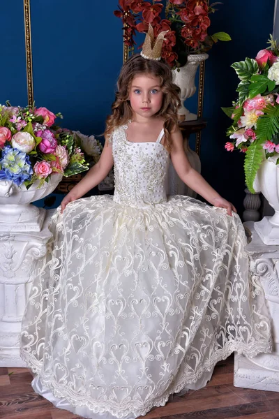 Retrato Uma Pequena Princesa Menina Vestido Branco Uma Coroa Entre — Fotografia de Stock