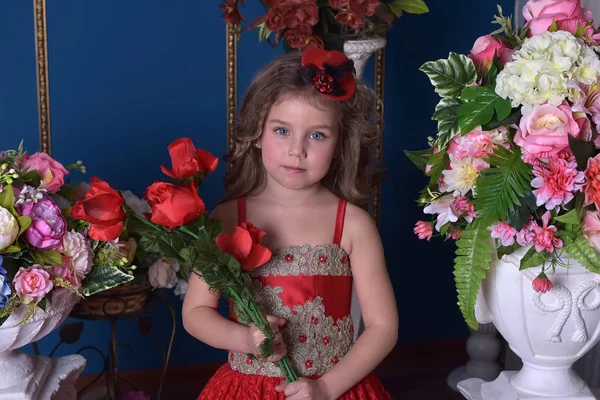 Portret Van Een Prinses Meisje Een Rode Jurk Met Bloemen — Stockfoto