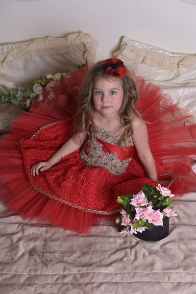 Küçük Bir Kız Prenses Kırmızı Bir Elbise Şapka Portresi Bir — Stok fotoğraf