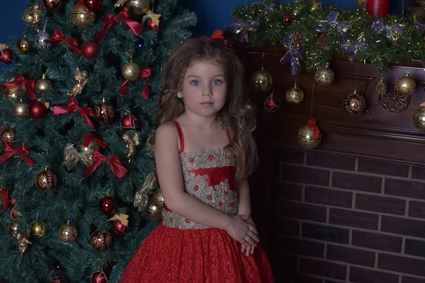 一个小女孩公主的肖像在圣诞节在圣诞树上的红色礼服 — 图库照片