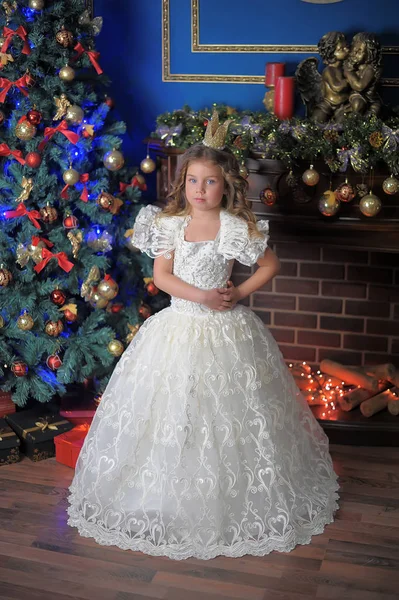 Malá Dívka Princezna Koruně Bílých Šatech Vánoční — Stock fotografie