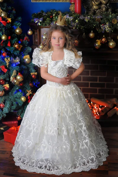 Niña Princesa Una Corona Vestido Blanco Navidad — Foto de Stock