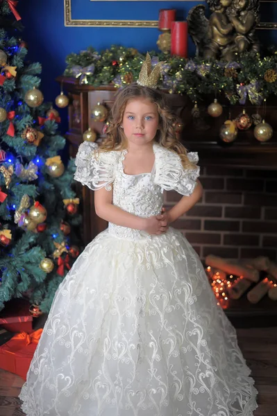 Niña Princesa Una Corona Vestido Blanco Navidad —  Fotos de Stock