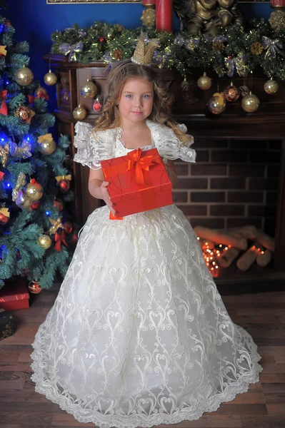 Retrato Uma Menina Princesa Uma Coroa Vestido Natal Branco Com — Fotografia de Stock