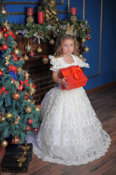 Portrét Princeznička Dívka Koruně Bílých Šatech Vánoční Box Dárkem Svých — Stock fotografie