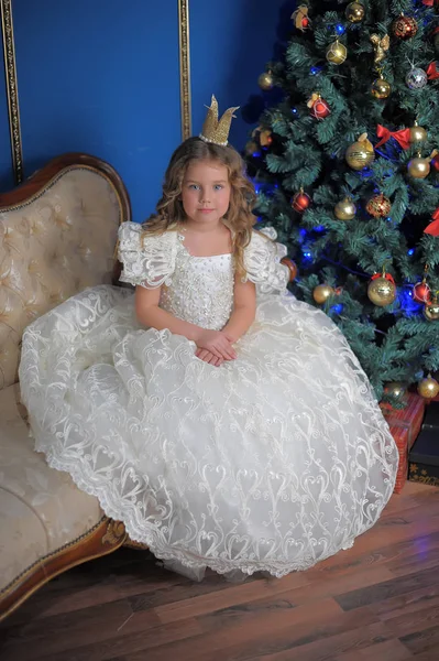 Fetiță Prințesă Într Coroană Într Rochie Albă Crăciun — Fotografie, imagine de stoc