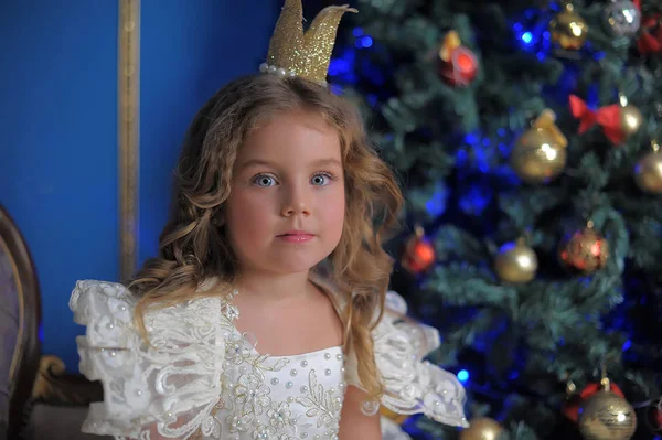 Niña Princesa Una Corona Vestido Blanco Navidad — Foto de Stock