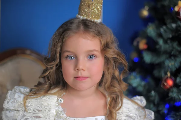 Niña Princesa Una Corona Vestido Blanco Navidad — Foto de Stock