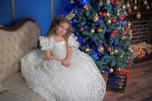 Niña Princesa Una Corona Vestido Blanco Navidad — Foto de Stock