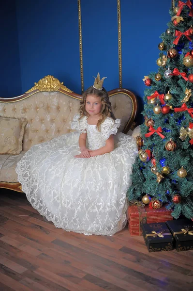Küçük Kız Prenses Noel Beyaz Giysili Bir Taç — Stok fotoğraf