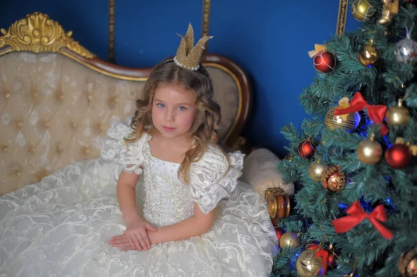 Mała Księżniczka Dziewczyna Koronie Białej Sukni Boże Narodzenie — Zdjęcie stockowe