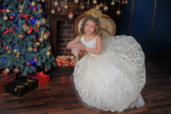 Menina Princesa Uma Coroa Vestido Branco Natal — Fotografia de Stock