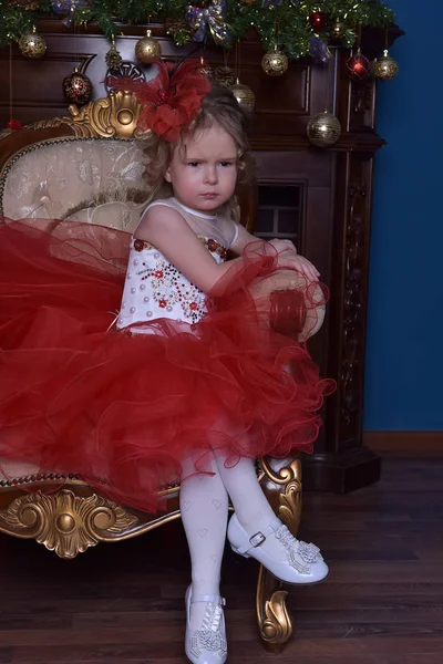 Cute Little Girl Chair Christmas Tree Red Smart Dress — Stock Photo, Image