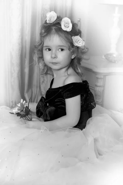 Carina Bambina Con Una Corona Fiori Sulla Testa Fiori Nelle — Foto Stock