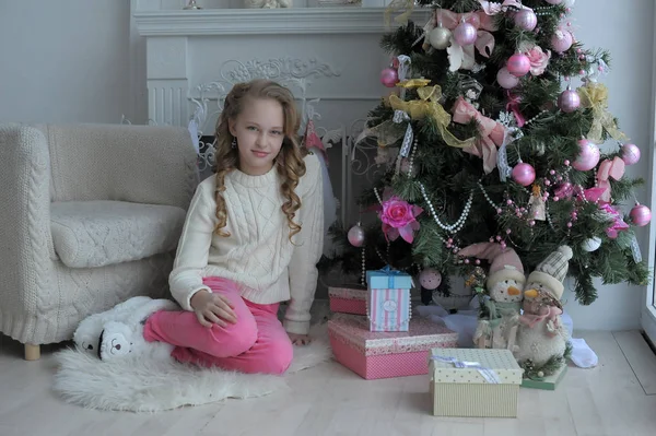 Girl Bright Room White Sweater Christmas — Stock Photo, Image