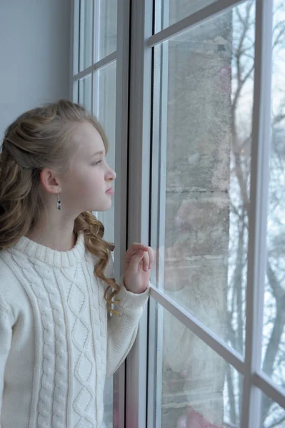 Sad Girl Window Reflection — Stock Photo, Image